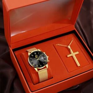 Gold and Black Men's Watch and Necklace Set